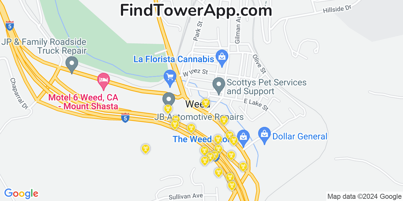 AT&T 4G/5G cell tower coverage map Weed, California