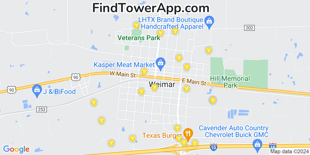 AT&T 4G/5G cell tower coverage map Weimar, Texas