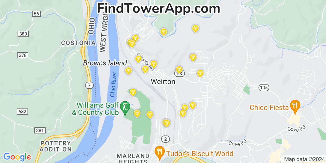 AT&T 4G/5G cell tower coverage map Weirton, West Virginia
