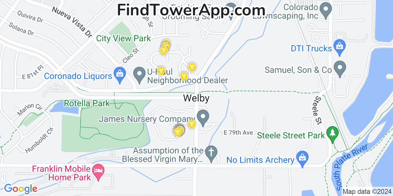 AT&T 4G/5G cell tower coverage map Welby, Colorado