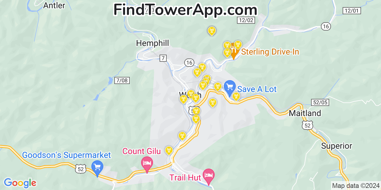 Verizon 4G/5G cell tower coverage map Welch, West Virginia