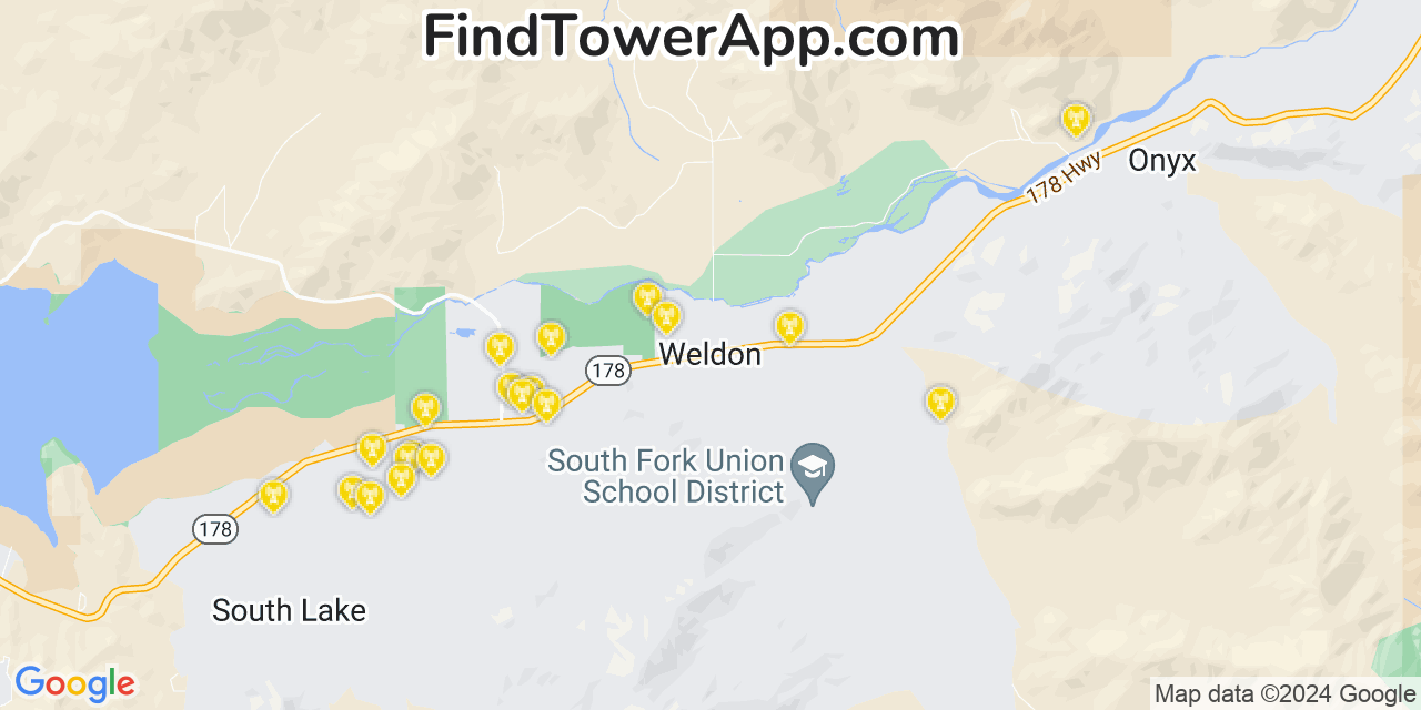 AT&T 4G/5G cell tower coverage map Weldon, California