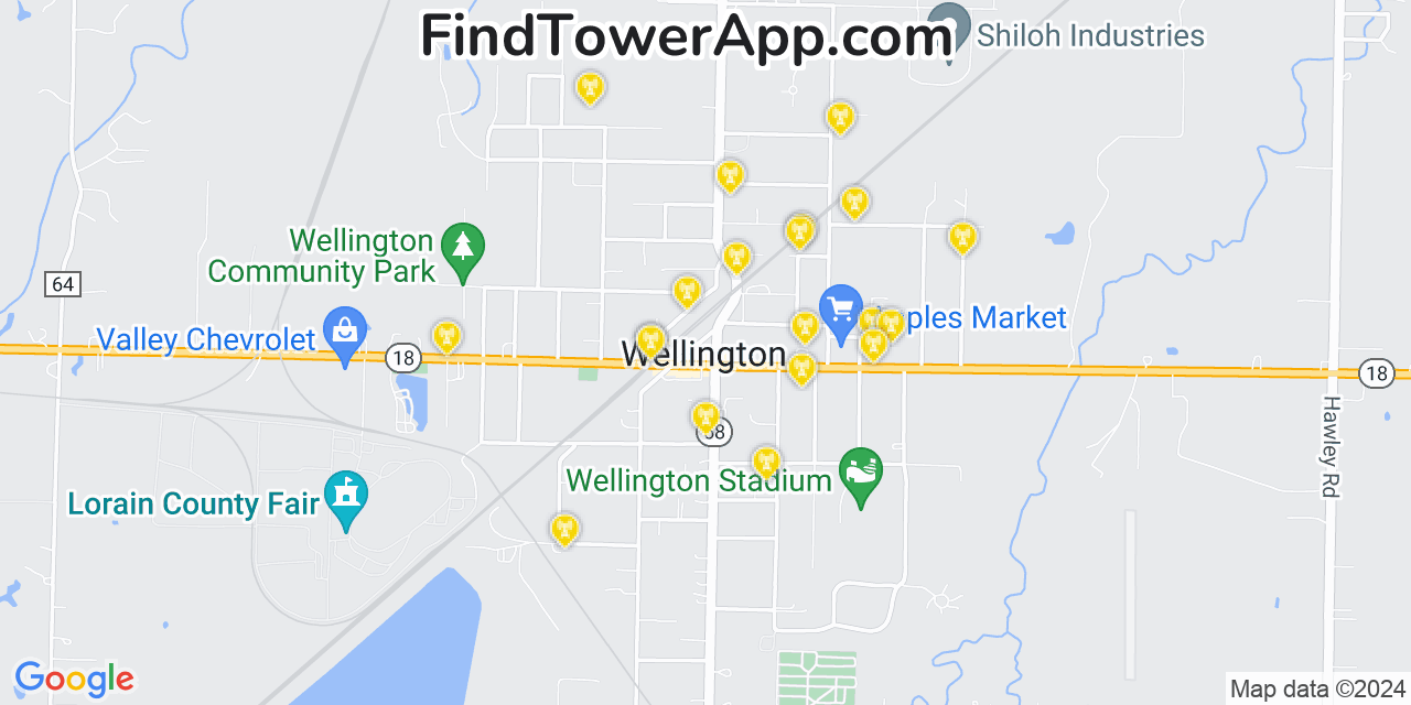 AT&T 4G/5G cell tower coverage map Wellington, Ohio