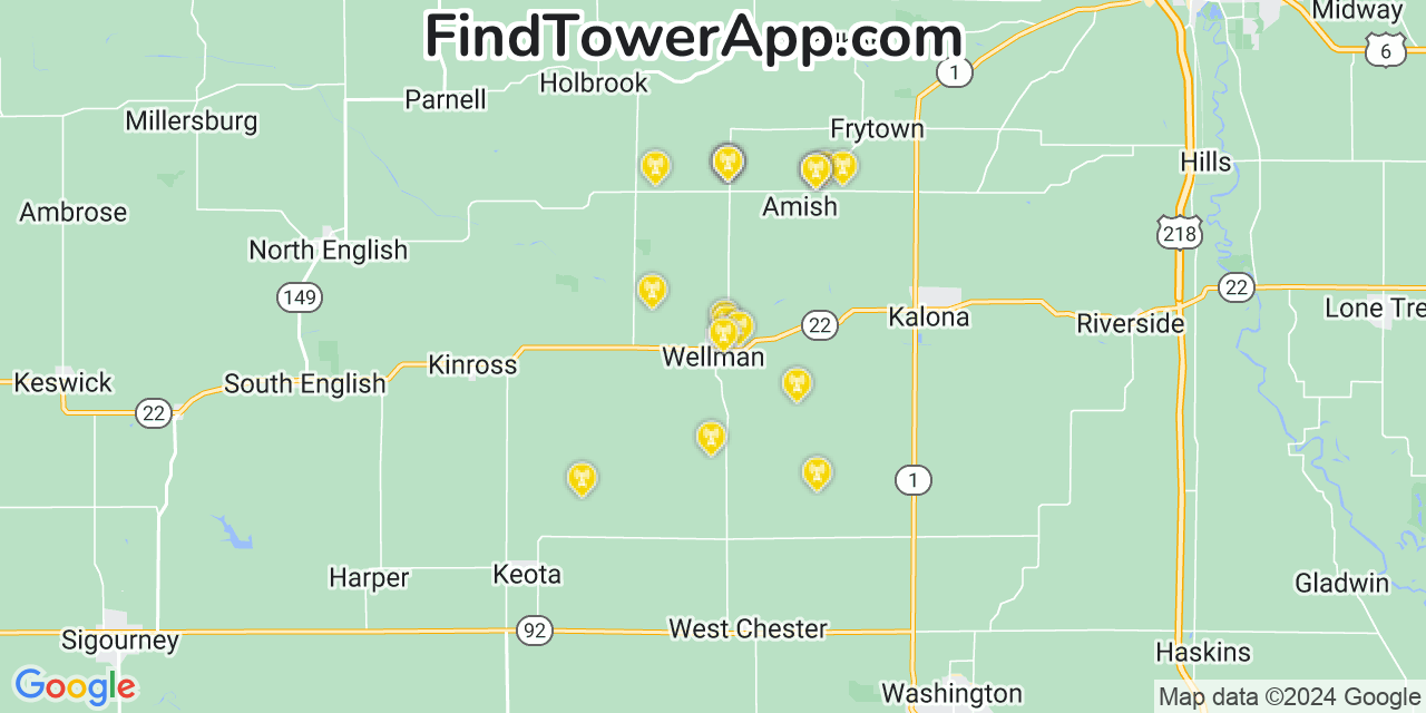 AT&T 4G/5G cell tower coverage map Wellman, Iowa
