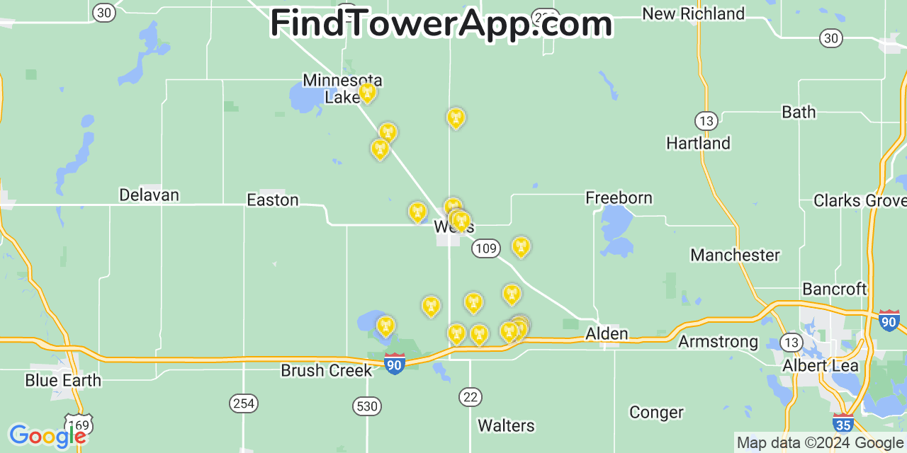 AT&T 4G/5G cell tower coverage map Wells, Minnesota