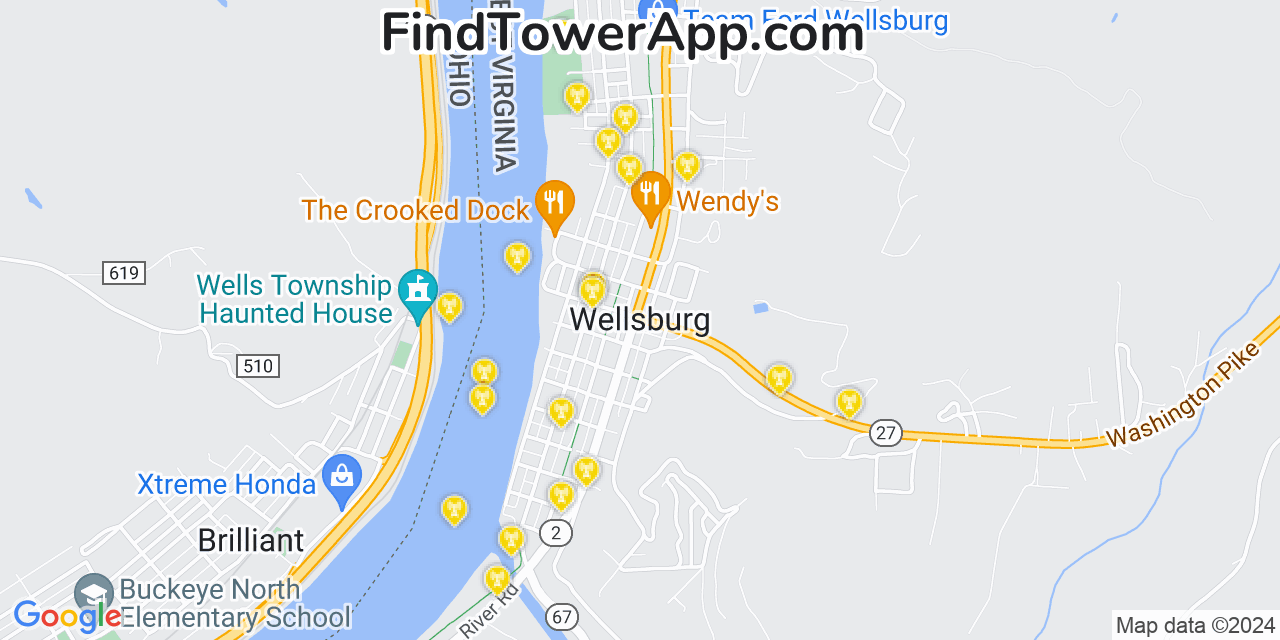 AT&T 4G/5G cell tower coverage map Wellsburg, West Virginia
