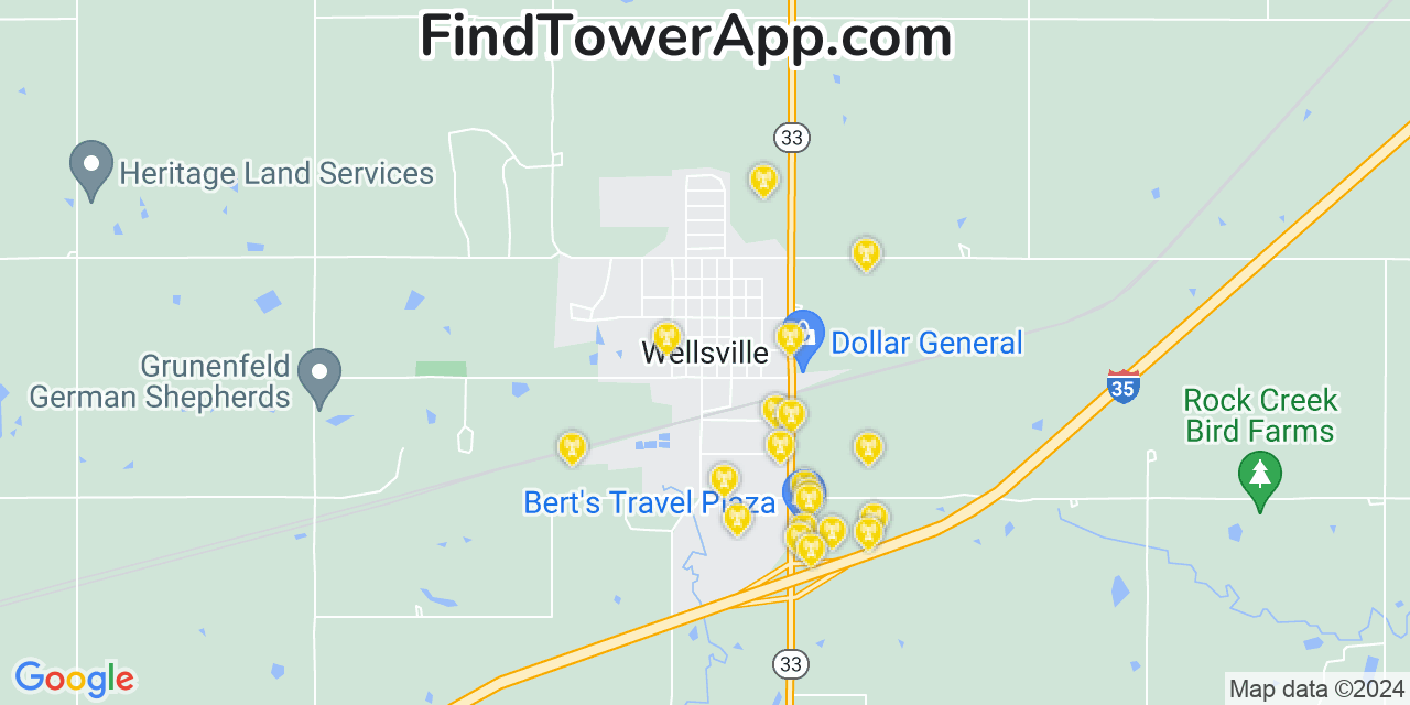 AT&T 4G/5G cell tower coverage map Wellsville, Kansas