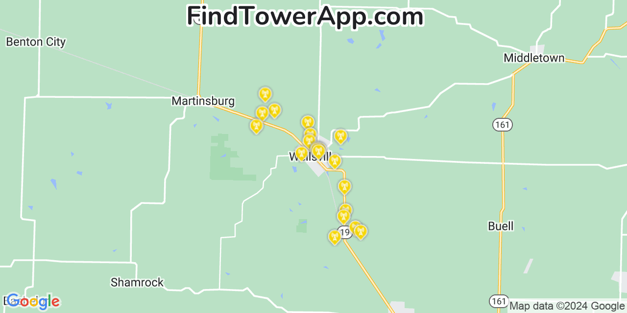 AT&T 4G/5G cell tower coverage map Wellsville, Missouri