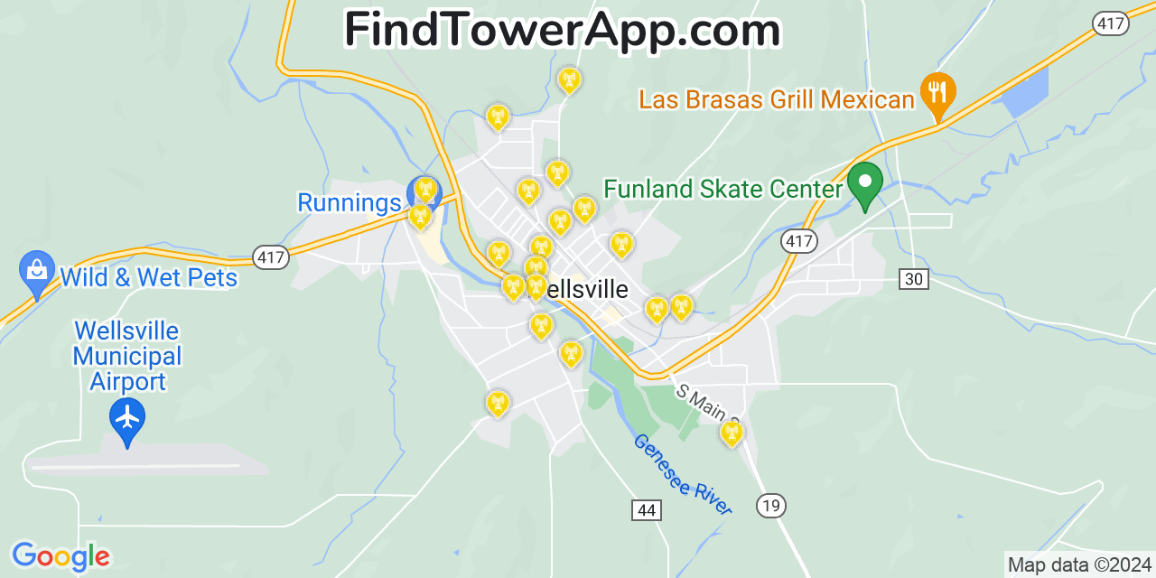 AT&T 4G/5G cell tower coverage map Wellsville, New York