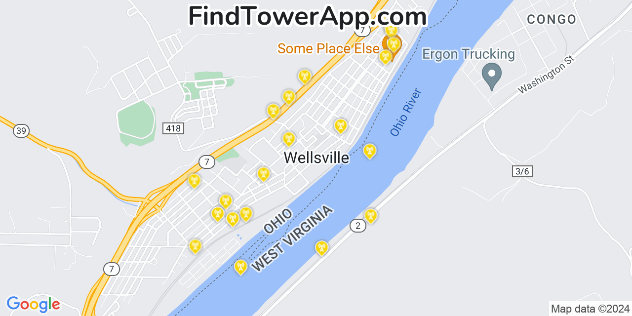 AT&T 4G/5G cell tower coverage map Wellsville, Ohio