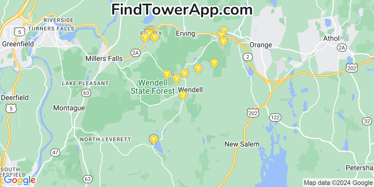 AT&T 4G/5G cell tower coverage map Wendell, Massachusetts