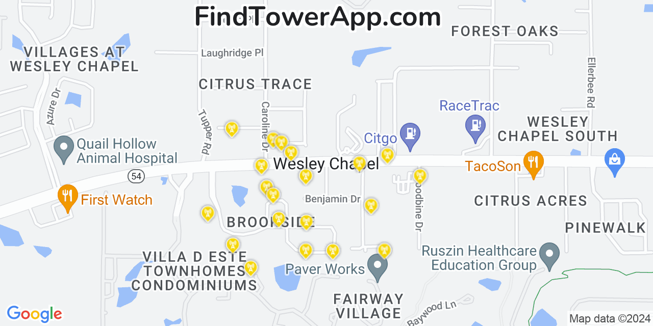 AT&T 4G/5G cell tower coverage map Wesley Chapel, Florida