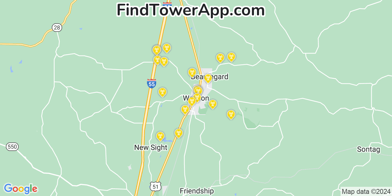 AT&T 4G/5G cell tower coverage map Wesson, Mississippi