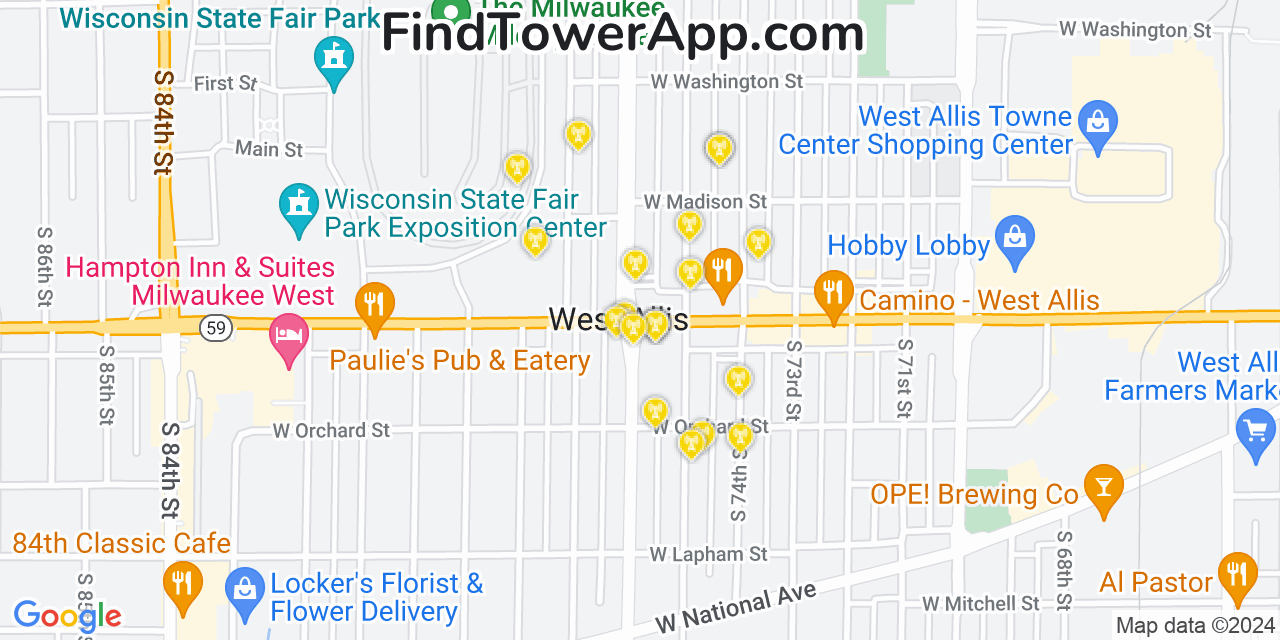 AT&T 4G/5G cell tower coverage map West Allis, Wisconsin