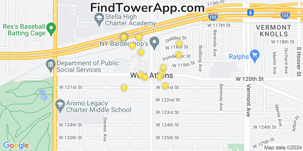 AT&T 4G/5G cell tower coverage map West Athens, California