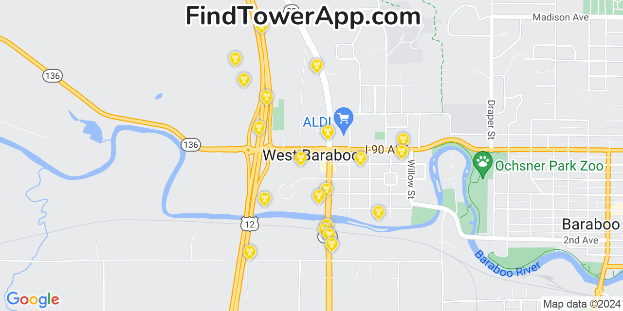 AT&T 4G/5G cell tower coverage map West Baraboo, Wisconsin