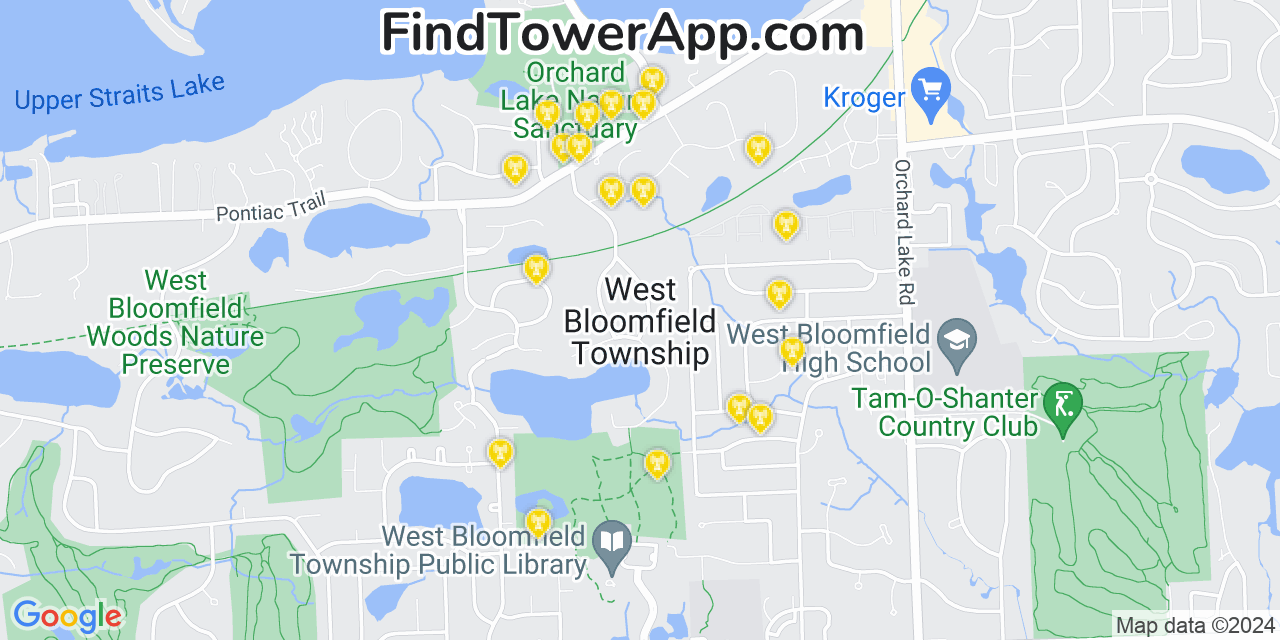 AT&T 4G/5G cell tower coverage map West Bloomfield Township, Michigan