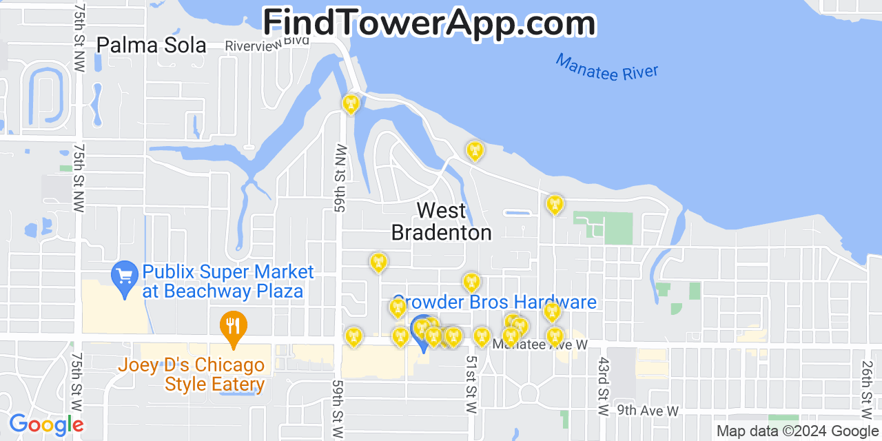AT&T 4G/5G cell tower coverage map West Bradenton, Florida