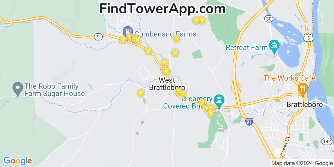 AT&T 4G/5G cell tower coverage map West Brattleboro, Vermont
