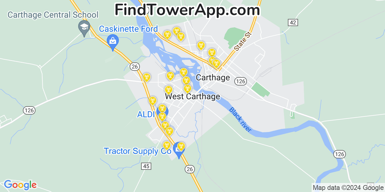 AT&T 4G/5G cell tower coverage map West Carthage, New York