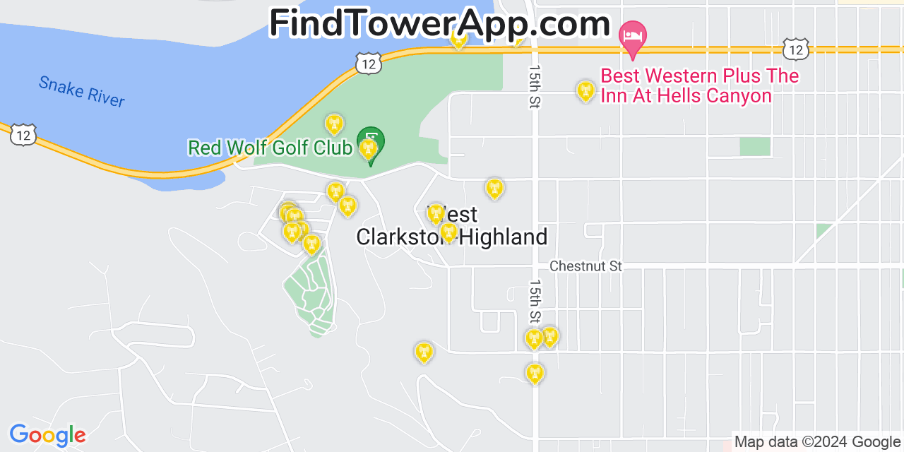 AT&T 4G/5G cell tower coverage map West Clarkston Highland, Washington