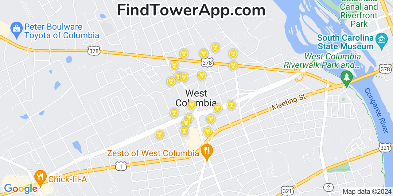 AT&T 4G/5G cell tower coverage map West Columbia, South Carolina