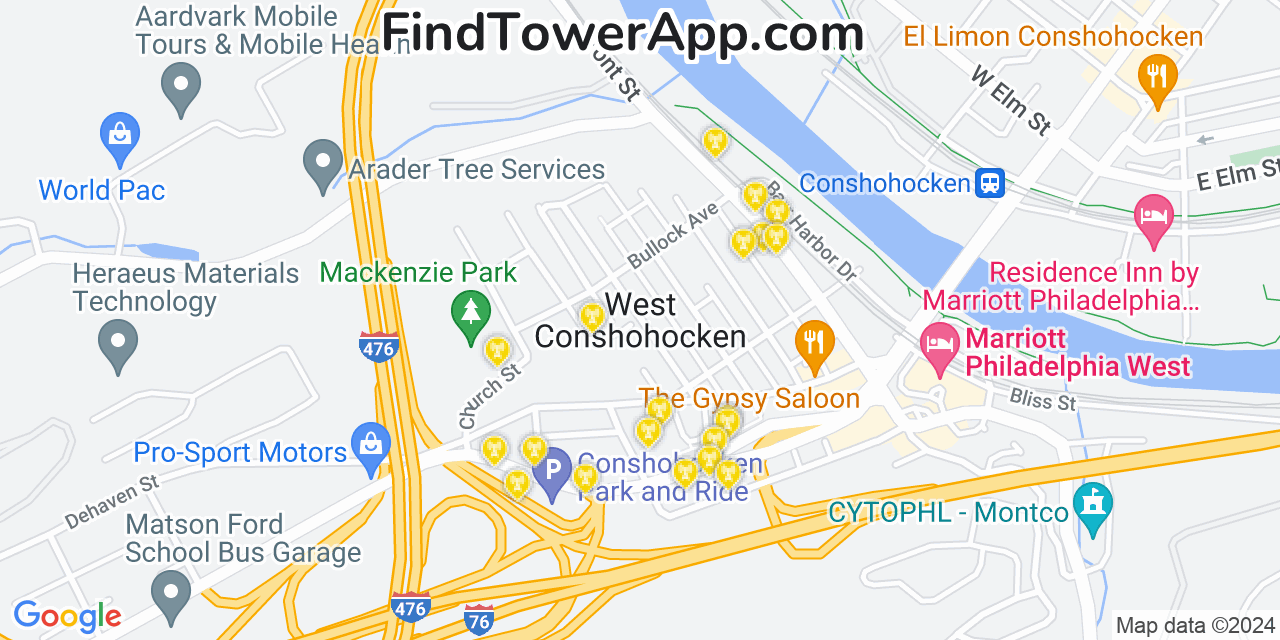 AT&T 4G/5G cell tower coverage map West Conshohocken, Pennsylvania