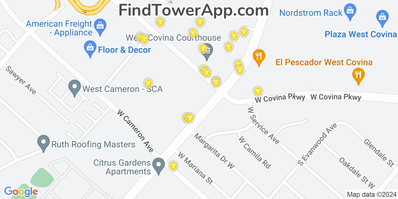AT&T 4G/5G cell tower coverage map West Covina, California