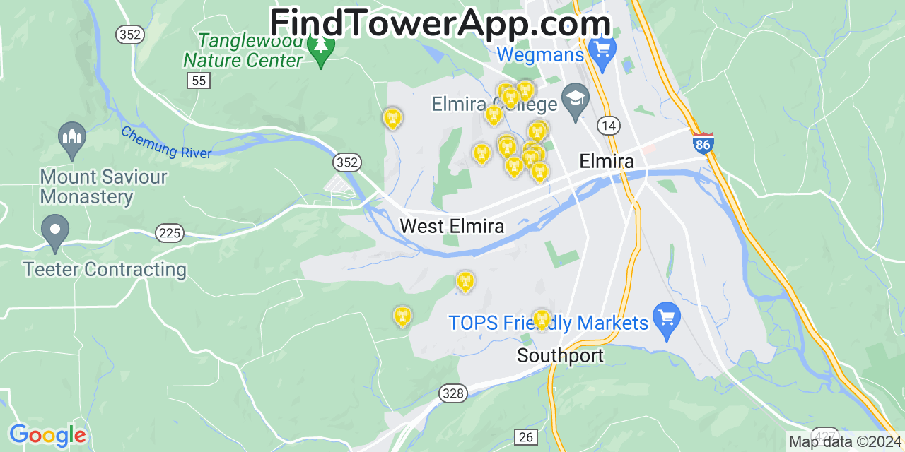 AT&T 4G/5G cell tower coverage map West Elmira, New York