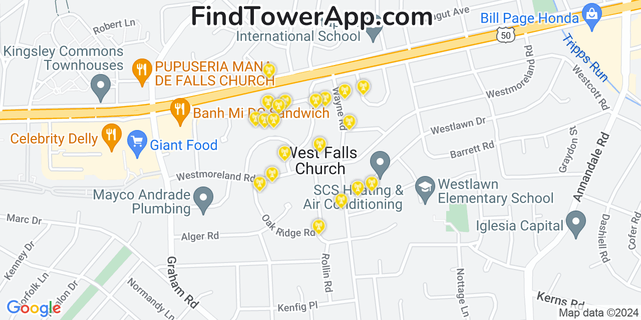 AT&T 4G/5G cell tower coverage map West Falls Church, Virginia