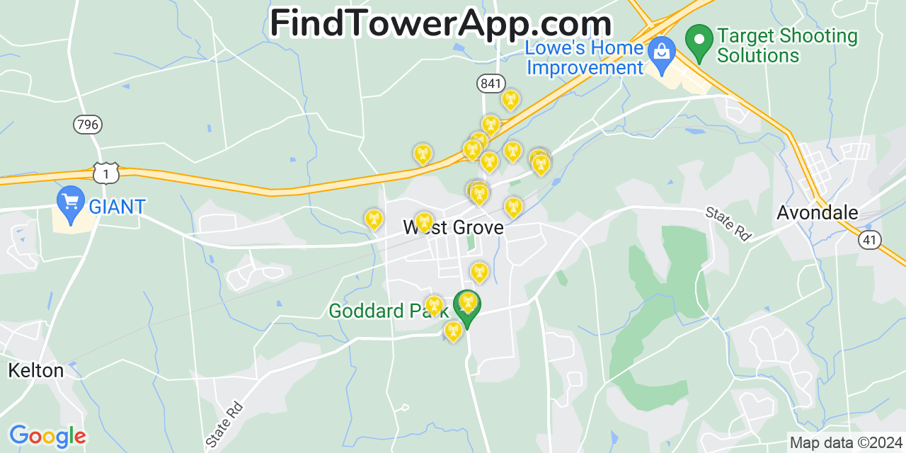 AT&T 4G/5G cell tower coverage map West Grove, Pennsylvania