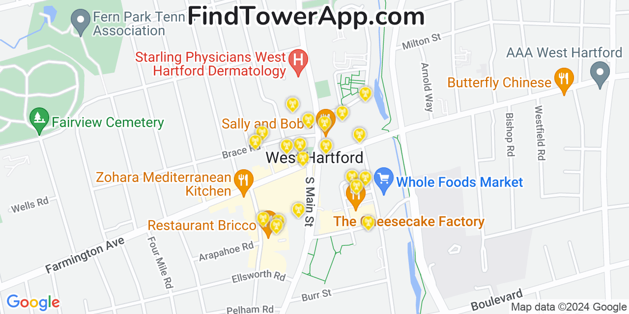AT&T 4G/5G cell tower coverage map West Hartford, Connecticut