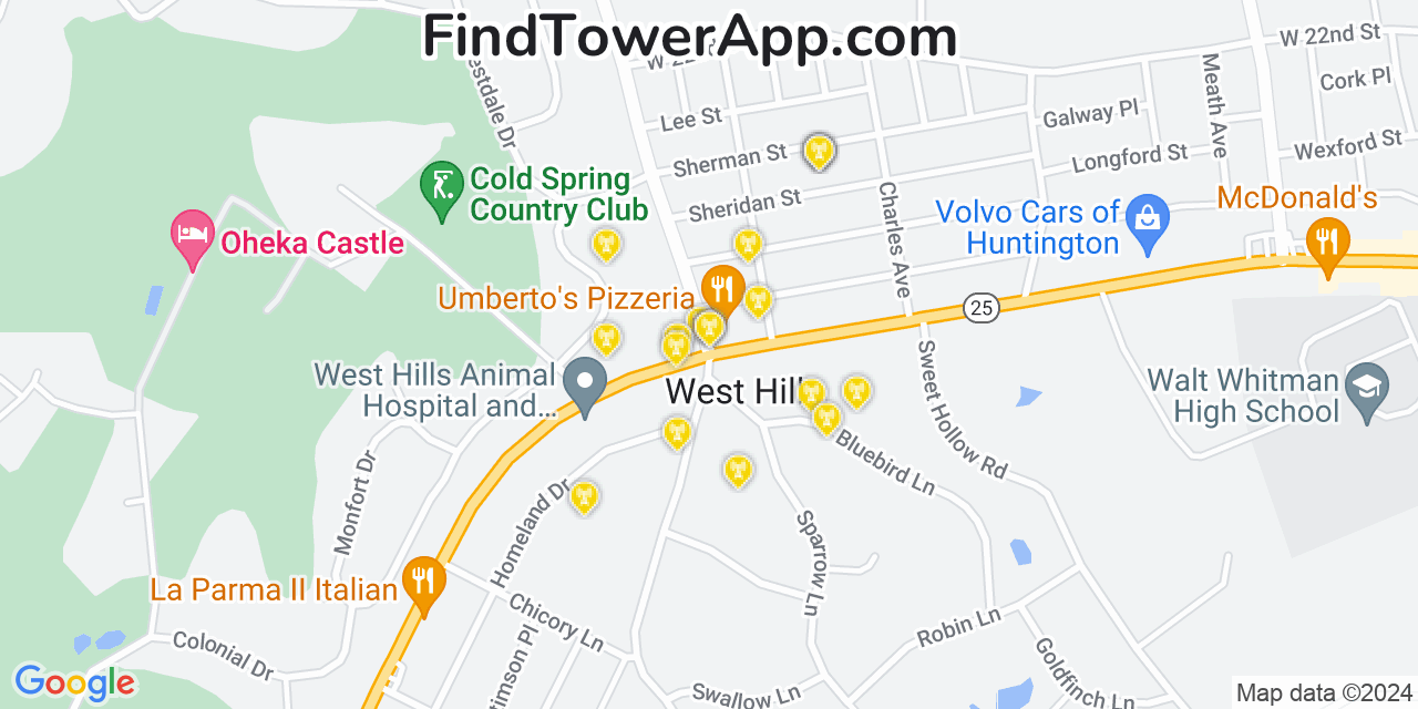 AT&T 4G/5G cell tower coverage map West Hills, New York