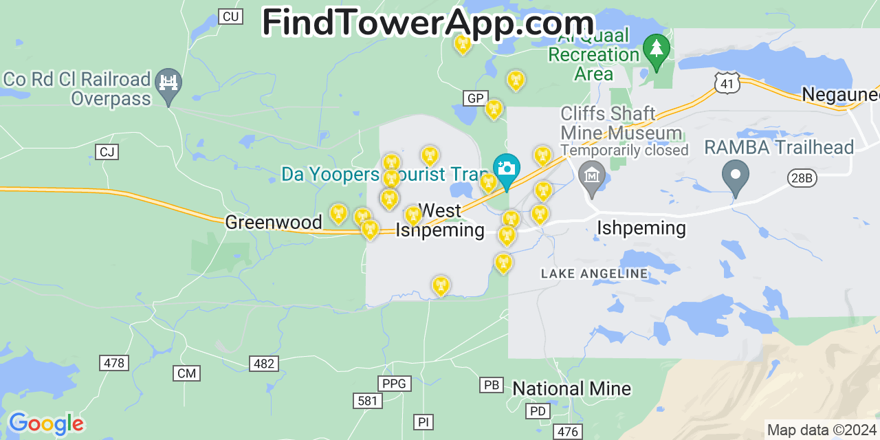 AT&T 4G/5G cell tower coverage map West Ishpeming, Michigan
