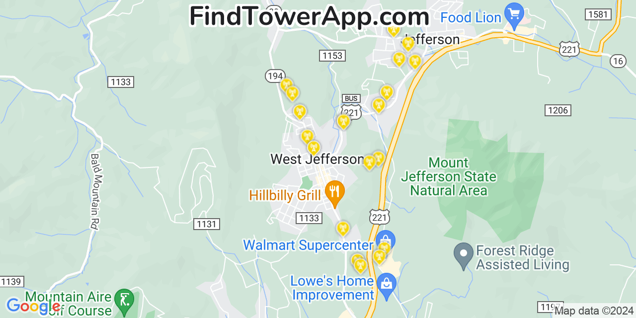 AT&T 4G/5G cell tower coverage map West Jefferson, North Carolina