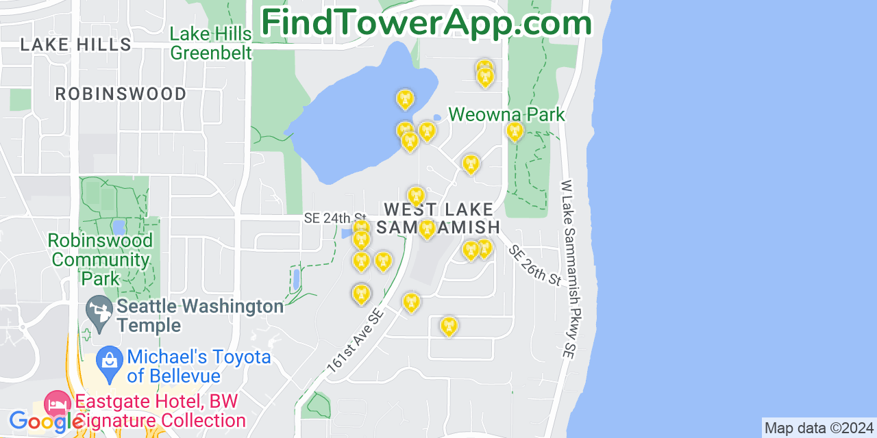 T-Mobile 4G/5G cell tower coverage map West Lake Sammamish, Washington