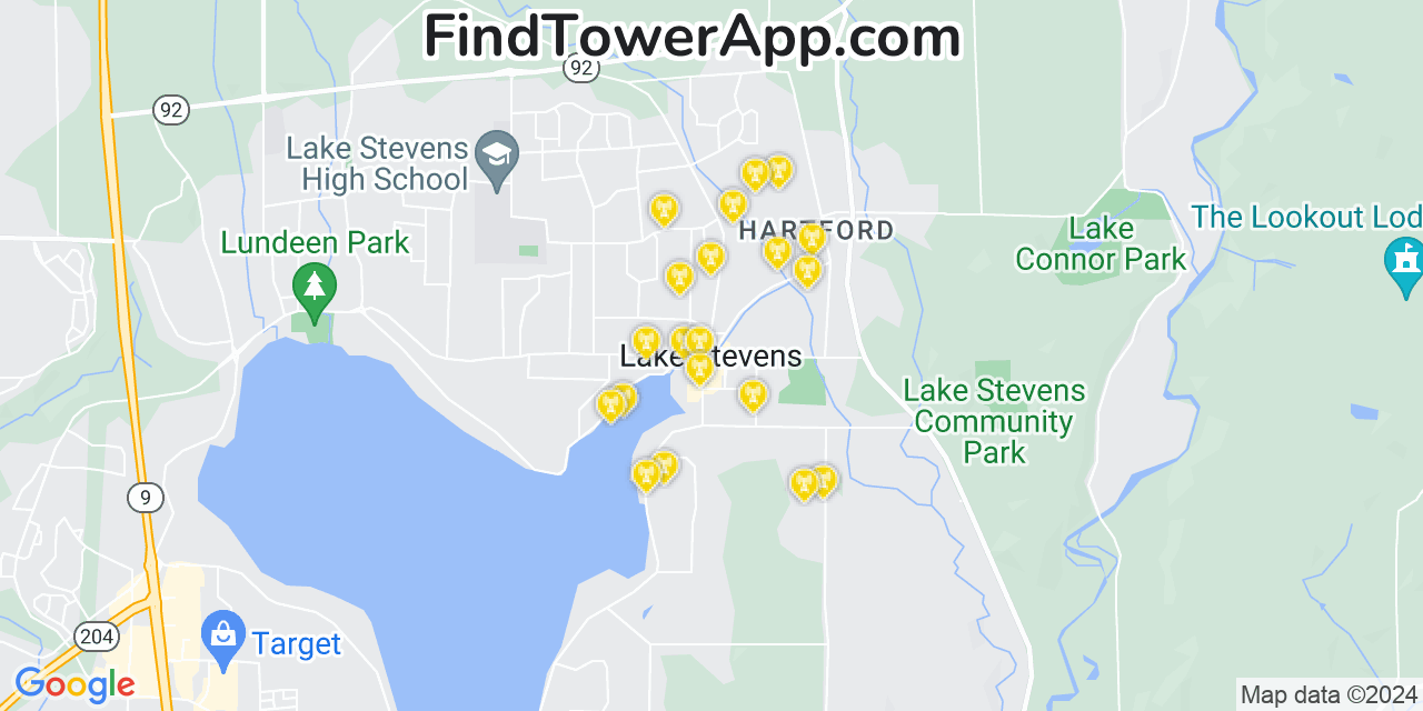 AT&T 4G/5G cell tower coverage map West Lake Stevens, Washington
