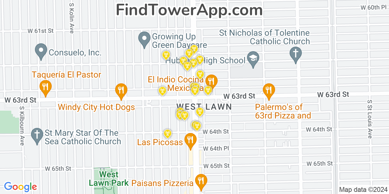 AT&T 4G/5G cell tower coverage map West Lawn, Illinois