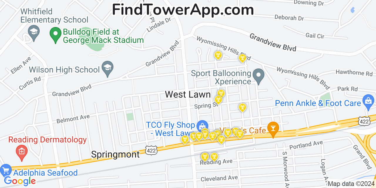 AT&T 4G/5G cell tower coverage map West Lawn, Pennsylvania
