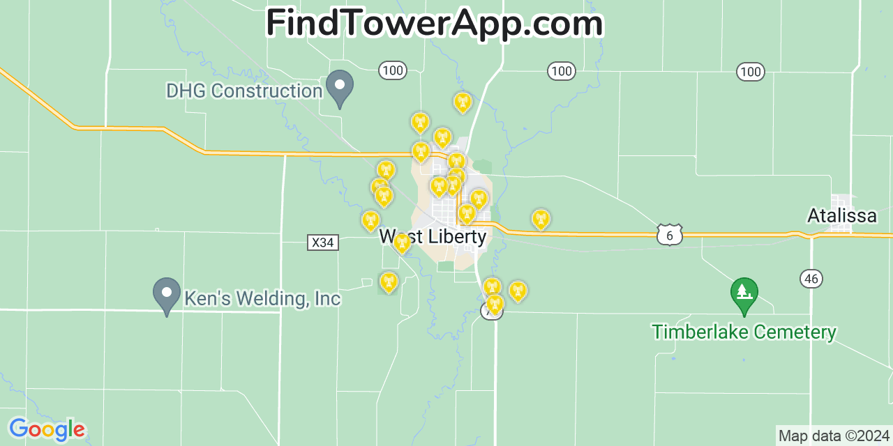 AT&T 4G/5G cell tower coverage map West Liberty, Iowa