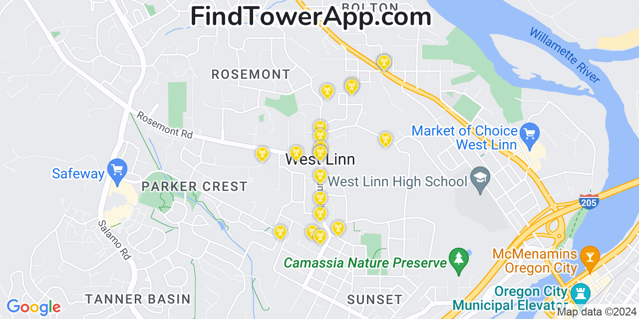 AT&T 4G/5G cell tower coverage map West Linn, Oregon