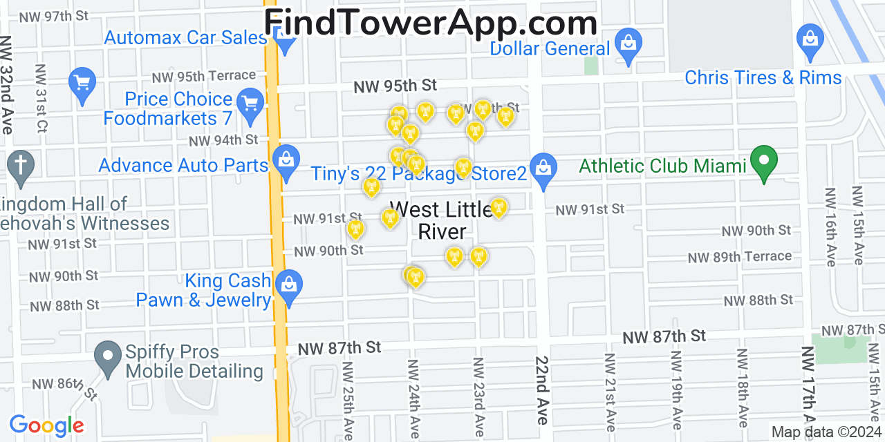AT&T 4G/5G cell tower coverage map West Little River, Florida
