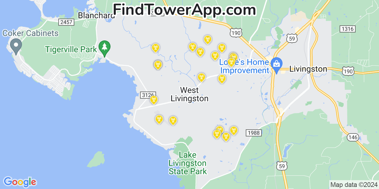 AT&T 4G/5G cell tower coverage map West Livingston, Texas