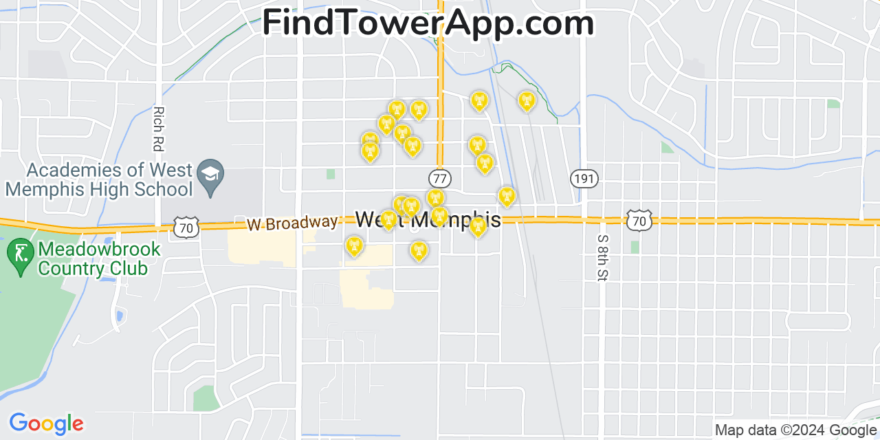 AT&T 4G/5G cell tower coverage map West Memphis, Arkansas