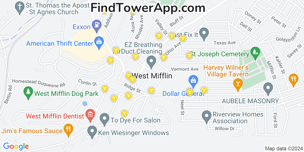 AT&T 4G/5G cell tower coverage map West Mifflin, Pennsylvania