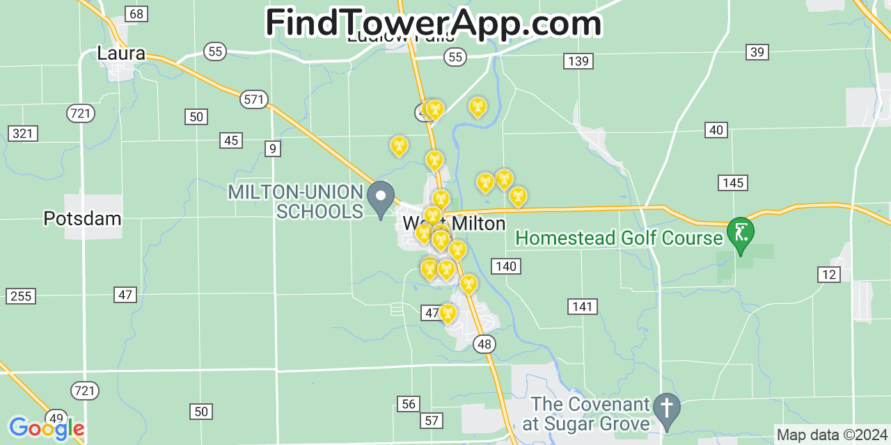 Verizon 4G/5G cell tower coverage map West Milton, Ohio