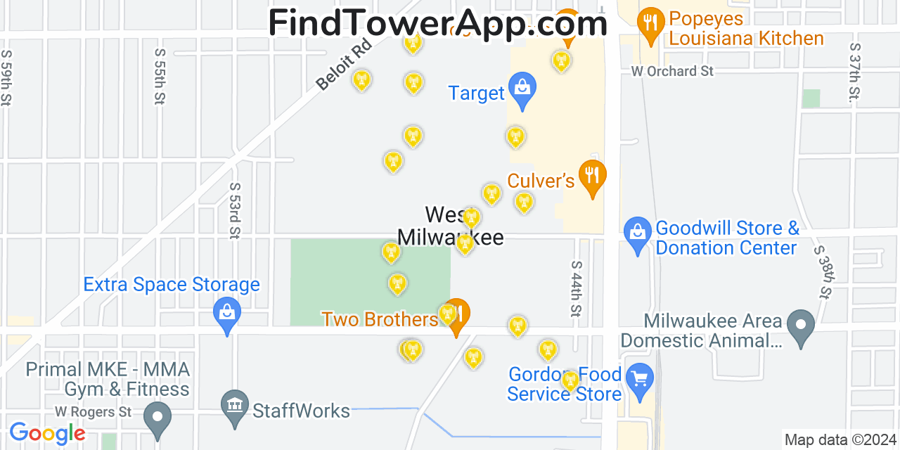 AT&T 4G/5G cell tower coverage map West Milwaukee, Wisconsin