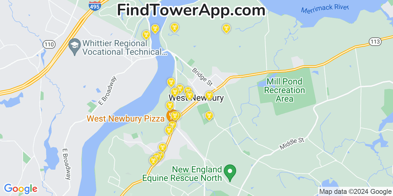 Verizon 4G/5G cell tower coverage map West Newbury, Massachusetts