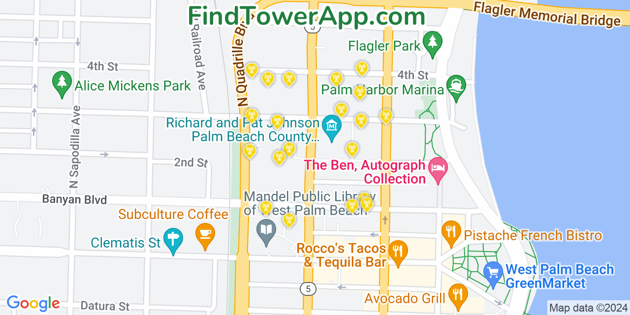 AT&T 4G/5G cell tower coverage map West Palm Beach, Florida