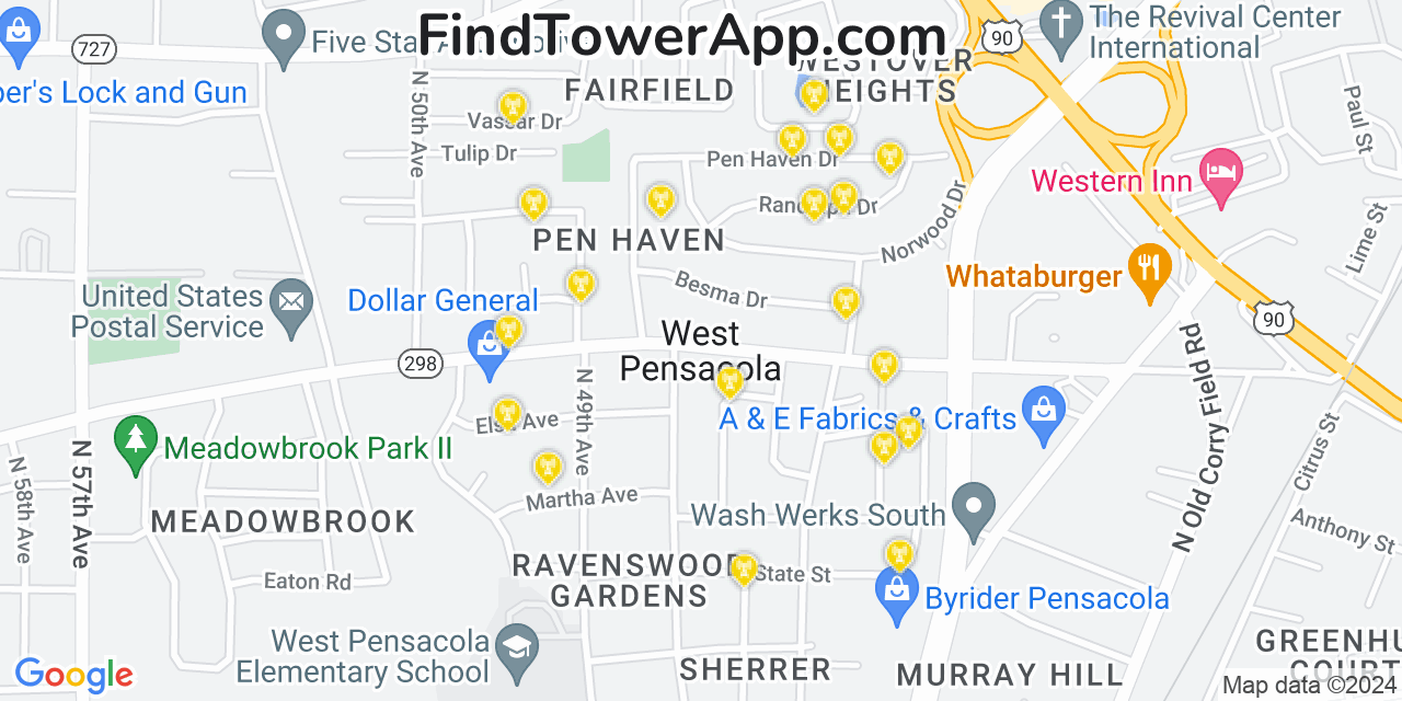 AT&T 4G/5G cell tower coverage map West Pensacola, Florida